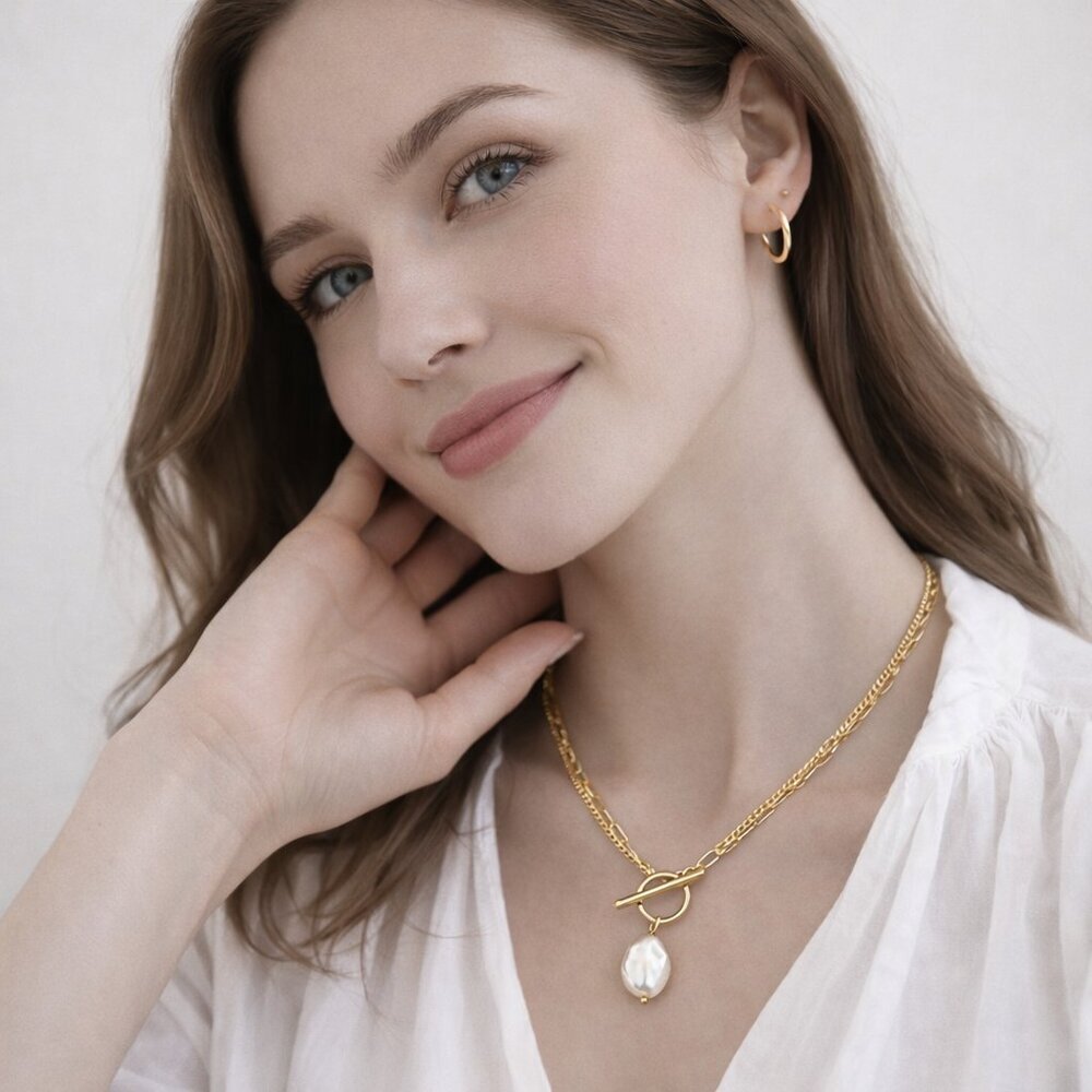 18K Gold Plated Steel Pearl Toggle Necklace Minimalist Water Resistant Gift - Picture 10 of 16